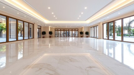 Empty modern hall with large windows overlooking city. Possible use Business event space