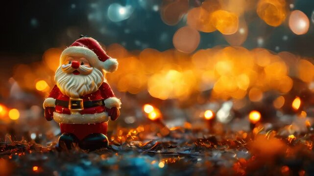 There is a small santa clause figurine sitting in the grass