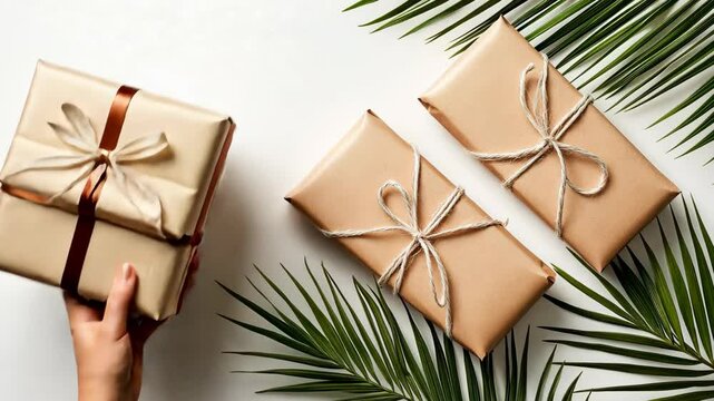Beautifully wrapped gifts placed on tropical leaves ready for a special occasion