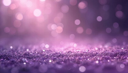 Glamorous violet glitter texture. Purple, lavender sparkles bokeh background. Shiny dust glistering with luxury blur, glamour glow effect. Festive disco light explosion.