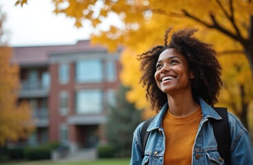 Smiling black girl portrait in college campus with autumn leaves. Happy African student is ready for new school year. Concept of education and equal opportunity.