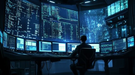 Data analyst working in a high-tech control room filled with multiple computer screens and data visualizations