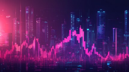 Vibrant cityscape with data visualization at night showcasing modern technology and urban life