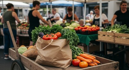 Fresh Vegetables on Wooden Cart at Local Farmers Market