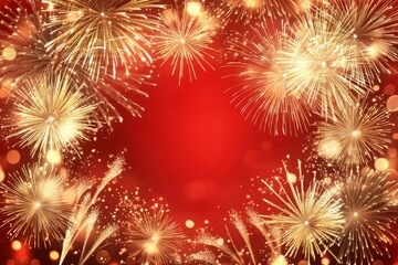 Fototapeta premium Beautiful and Colorful Fireworks Display on a Red Background Perfect for Celebrations and New Year Events with Golden Sparkles and Radiant Explosions