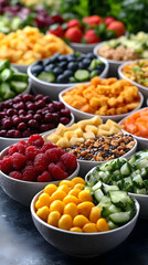 Assorted Fresh Fruits And Vegetables In Bowls