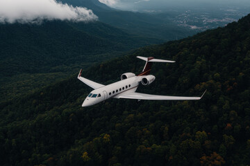 Fototapeta premium A white jet is flying over a forest