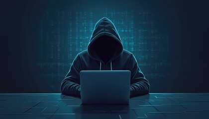 Illustration of hacker sitting at laptop on dark background. Man in hood stealing data. Concept of cybercrime and cybersecurity. Technology design for banner.
