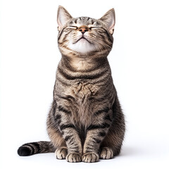 Obraz premium Happy gray tabby cat sitting with closed eyes on white background.