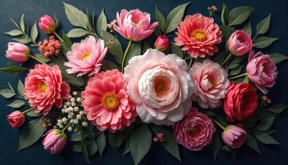 Floral illustration features pink, red rose bouquet, tulip, peony flowers on dark navy backdrop. Blossom, leaf arrangement for wallpaper, wedding invitation, banner or poster. Beauty of garden plants.