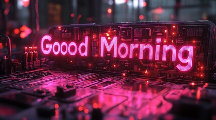 A vibrant digital display showcasing glowing pink text that reads 'Good Morning