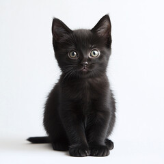 Obraz premium Smiling black kitten sitting on white background.