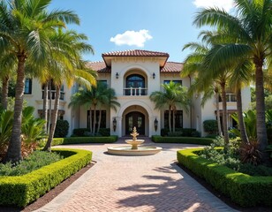 Luxury home, palm trees, beautiful garden, blue sky. Brick walkway leads to mansion entrance. Rich neighborhood in Florida. Expensive housing, wealth, real estate investment.