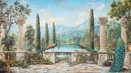 Vintage botanical mural featuring a picturesque Roman garden scene with exotic peacocks