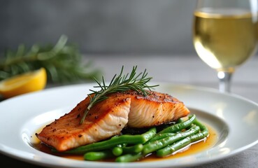 Grilled salmon fillet served with green beans, rosemary on white plate. Glass of white wine. Healthy lunch, sea food, tasty dish, restaurant food. Generative AI.