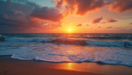Sunset over ocean with wave. Waves crashing on shore, nature scene on beach, sun goes below horizon. Dusk sunrise dawn on coastline. Seascape with cloud, sky landscape. Tropical vacation background
