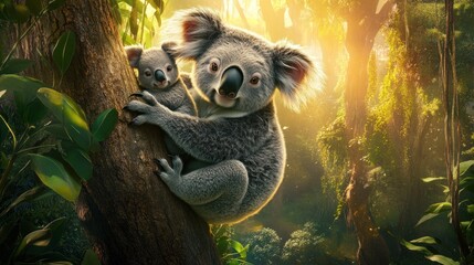 Obraz premium Mother Koala and Joey Embrace in Sunlight Forest