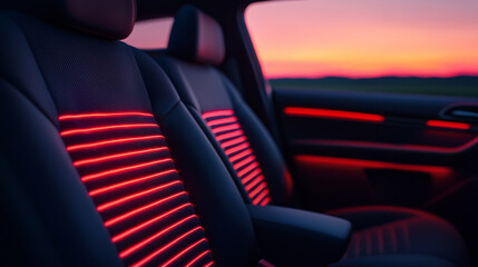 Modern car interior with illuminated seats at sunset