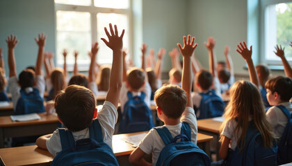 Rear view classroom full of pupils raising hands. Elementary school kids answering question. Children sitting at desks, learning in class. Education process, knowledge gaining.