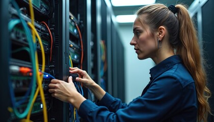 Woman engineer connects cable to server hardware in data center. IT technician performs networking maintenance, system administrator checks hardware. Data safety, cybersecurity concept.