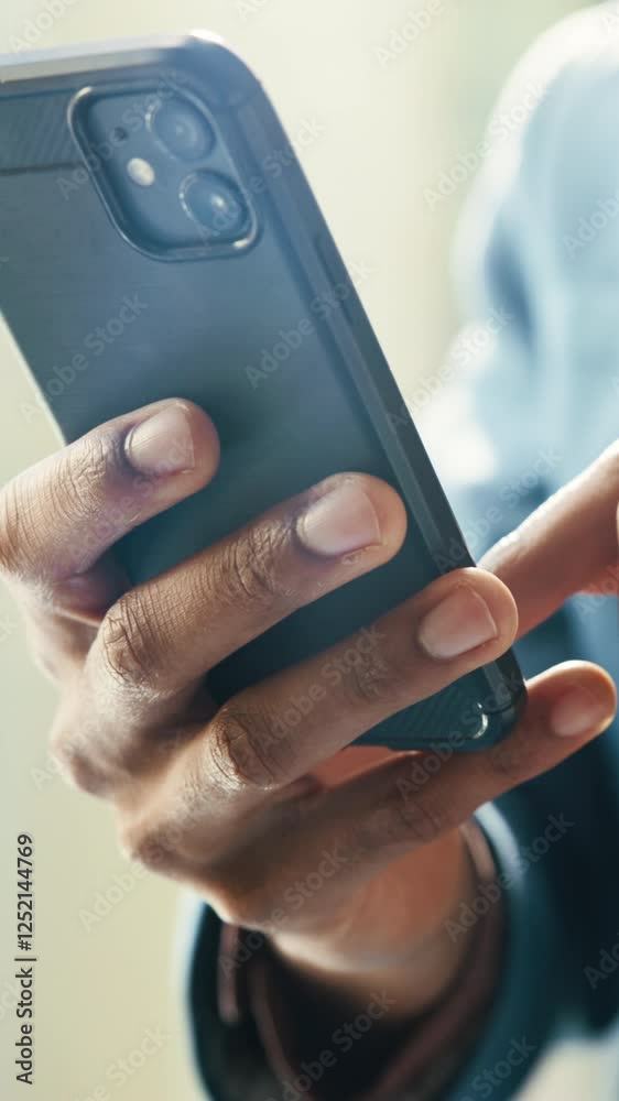 Aufkleber Business person, hands and scroll with phone for social media, communication and app. Contact, chat and internet with smartphone for email, online conversation and networking with message at work