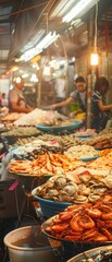 A bustling traditional Asian wet market displays fresh seafood under morning light in a busy atmosphere with cultural artifacts.