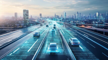 Obraz premium Autonomous Vehicles Navigating A Futuristic City Highway