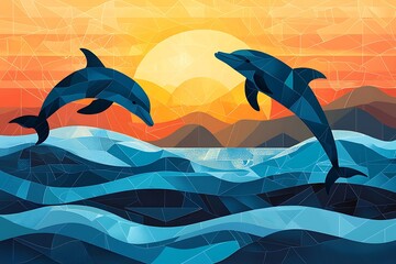 Illustrated poster dolphins leaping through geometric waves with abstract sunset in the background, Swiss