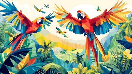 Illustrated poster tropical parrots with stylized geometric feathers flying over vibrant jungle landscapes, Swiss design