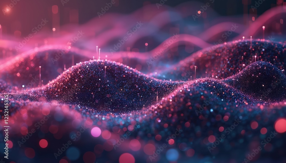 Poster abstract big data visualization background. information analytics with glowing streams, ball arrays.