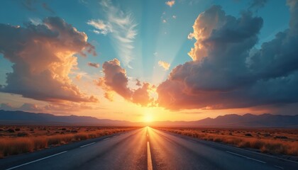 Empty asphalt road leads to horizon at bright sunset with mountains. Golden sun rays pierce dramatic cloudy sky over field. Concept of travel, journey, freedom.