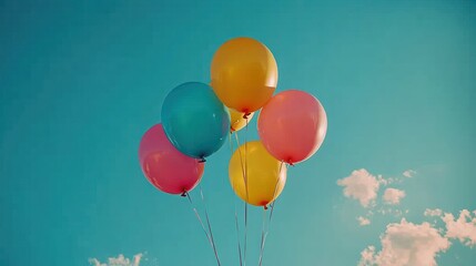 Obraz premium Colorful balloons floating against a vibrant blue sky.