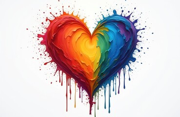 Illustration of rainbow heart shape made of voluminous paint strokes on white backdrop. Concept for supporting LGBT community with love, freedom, solidarity, equality, diversity, rights, inclusion.