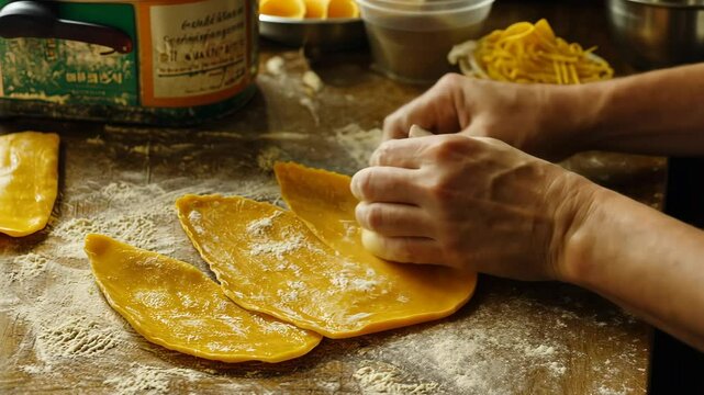 Preparing traditional dough for a local delicacy in a rustic kitchen setting