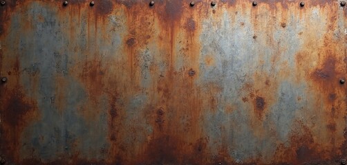 Rusted steel surface texture. Weathered patterns with aged character. Metallic wall with rusty streaks, brown corrosion, peeling paint. Perfect as grunge industrial background, vintage design element
