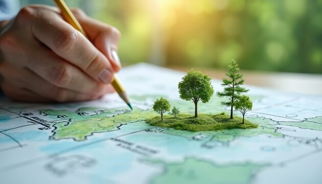 Planning green project and sustainable future ecology on a map with small trees. Hand draws eco-friendly company initiative for environmental social governance.