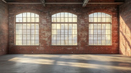 Sunlit expanse, Arched windows in a vintage brick-walled industrial space illuminate the room