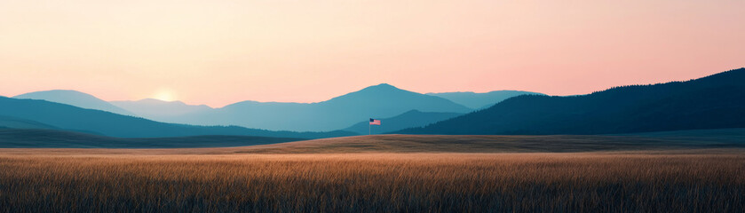 serene landscape featuring rolling hills, field of golden grass, and American flag waving in distance at sunset
