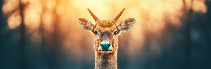 Obraz premium Majestic deer with antlers in serene forest at sunset, showcasing nature beauty
