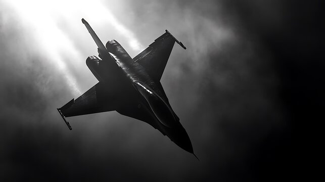 Striking black and white photo of an F-16 fighter jet silhouetted against a dramatic sky.