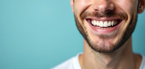 Obraz premium Closeup of young man smile with perfect white teeth on pastel blue background. Dental clinic teeth whitening service ad concept. Happy male smile with healthy teeth after pro oral hygiene.