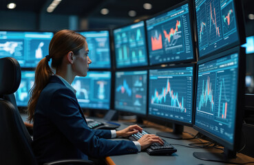 Female engineer analyzes complex data on multiple computer screens in high-tech control room. Specialist works, monitoring operation artificial intelligence, facility logistic, server monitor in