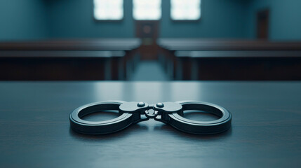 Handcuffs on table in courtroom, symbolizing justice and law enforcement