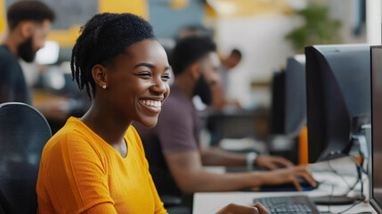 A high-angle shot capturing a joyful group of overweight black software developers casually conversing while sitting at their computer desks in an office.