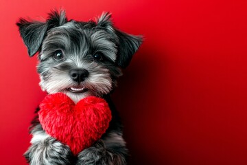 Cute miniature schnauzer canine with fluffy red heart - emblem of love, funny greeting card. Miniature schnauzer - my desired dog. Commercial idea. February 14 inspiration. Valentine's dog.