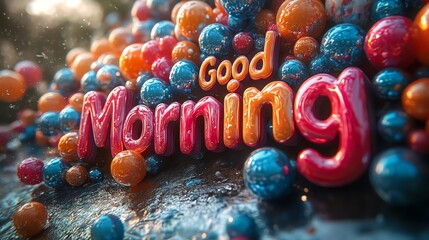A vibrant and cheerful 'Good Morning' message crafted from colorful pearls and glossy textures, set against a glistening background. Perfect for uplifting morning themes.