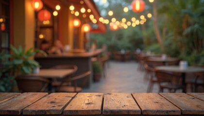 Empty wooden table surface at blurred Mexican cafe interior background. Evening lights. Old wood surface with restaurant interior in soft focus. Template for food, advertising, demonstrations, menu