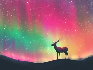 Illustrated poster deer with geometric antlers standing under a vibrant aurora sky, Swiss minimalism