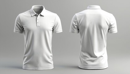 Blank white polo t-shirt template for man front, back view. Product mockup, 3d render. Design presentation for showcase branding, corporate uniform. Casual attire fashion, sport style classic garment.