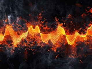 Volcanic sound waves erupt in molten orange and obsidian black showcasing explosive audio frequencies with intense waveform visualization text watermark.
